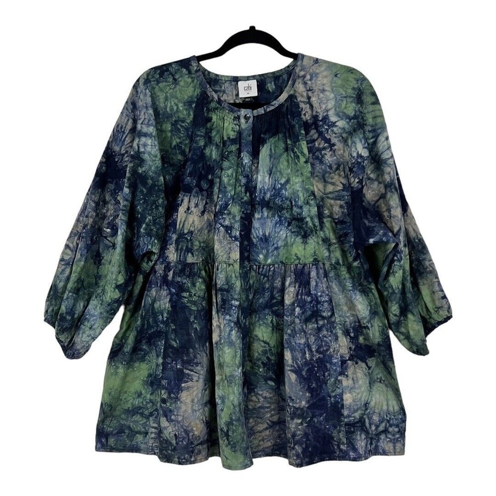 CAbi Size Medium Woodstock Top Blouse Tie Dye Blue Linen Blend #5714